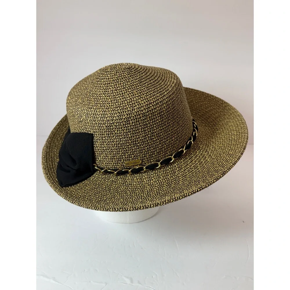 Sun N Sand Womens Wide Brim Straw Hat UPF 50+ Black Tan Gold Chain Bow Accent